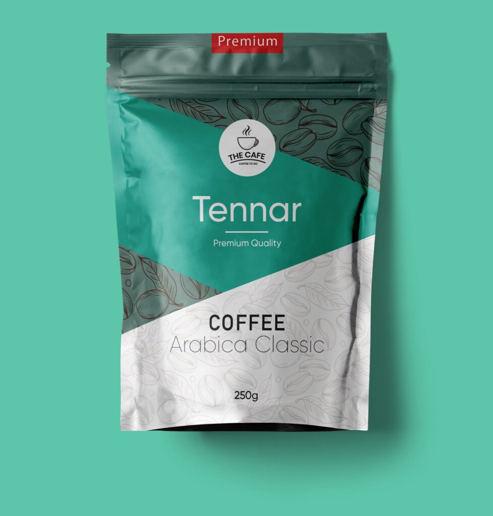 A green and white 250g bag of Tennar Premium Quality Coffee Arabica Classic with a "Premium" label at the top against a green background.